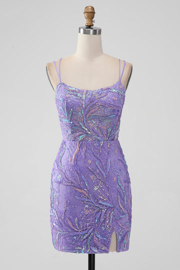 Lila brillante Bodycon Lentejuelas Apliques Apliques Vestido corto de regreso a casa con abertura